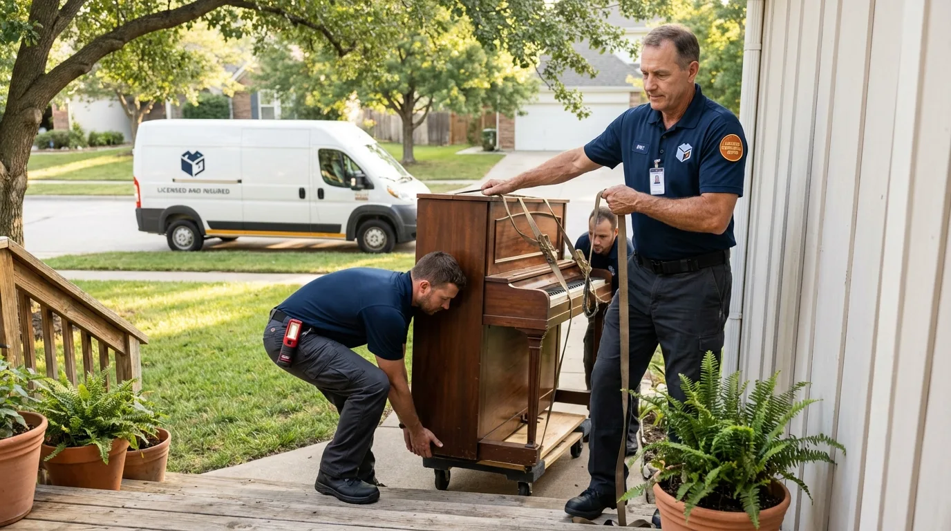 Licensed piano movers securing grand piano in West Wendover, NV