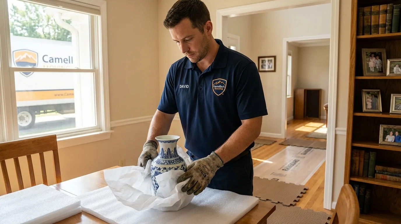 Professional crew carefully wrapping antique vase for senior downsizing move in West Wendover, NV